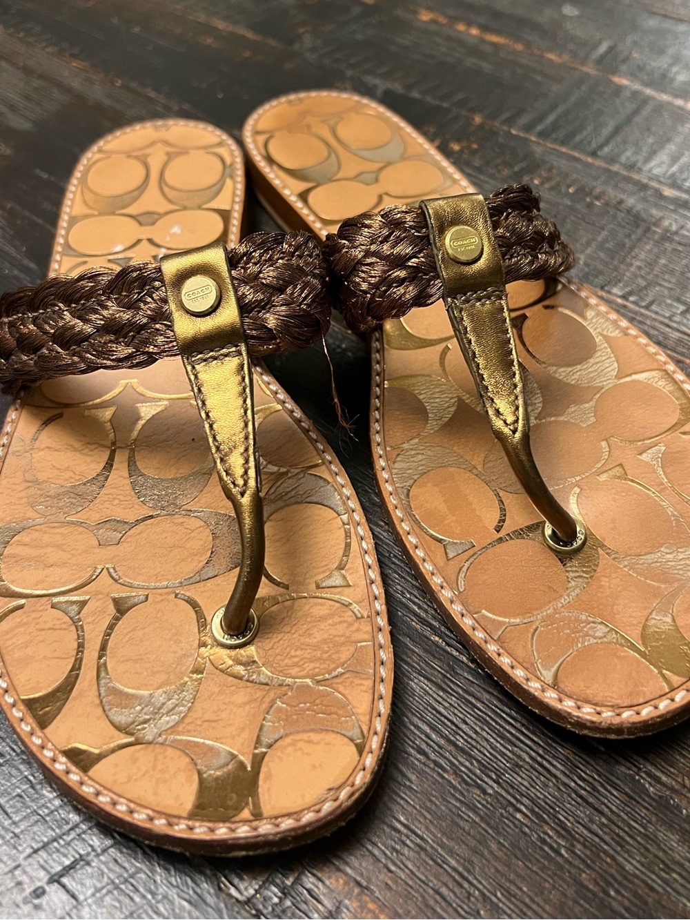 Coach Copper Braided Signature Footbed Flip-Flops Sandals - Picture 1 of 10